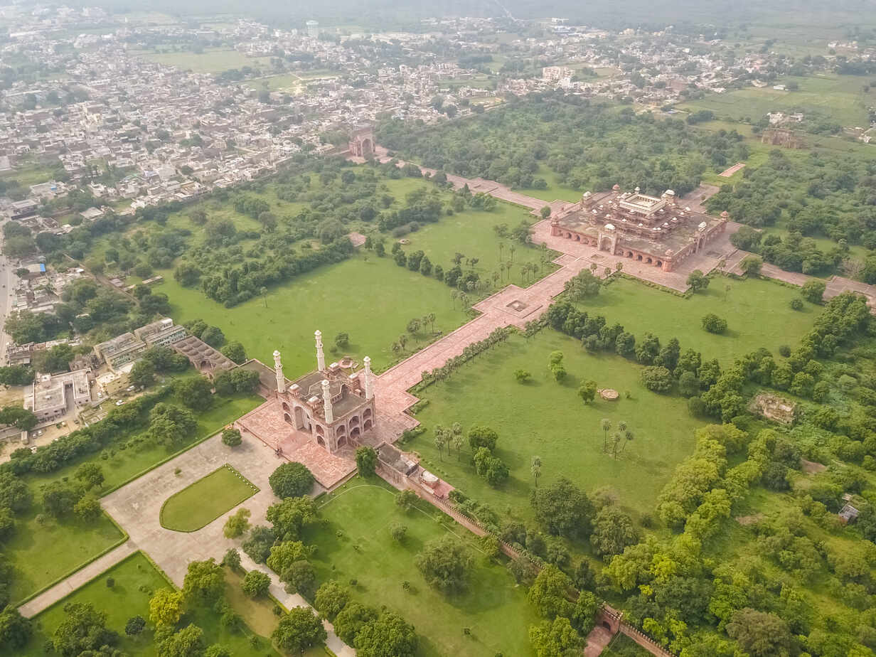 Aerial view of Tomb of Akbar The Great Area with a garden with many trees, Sikandra, Agra, Uttar Pradesh, India